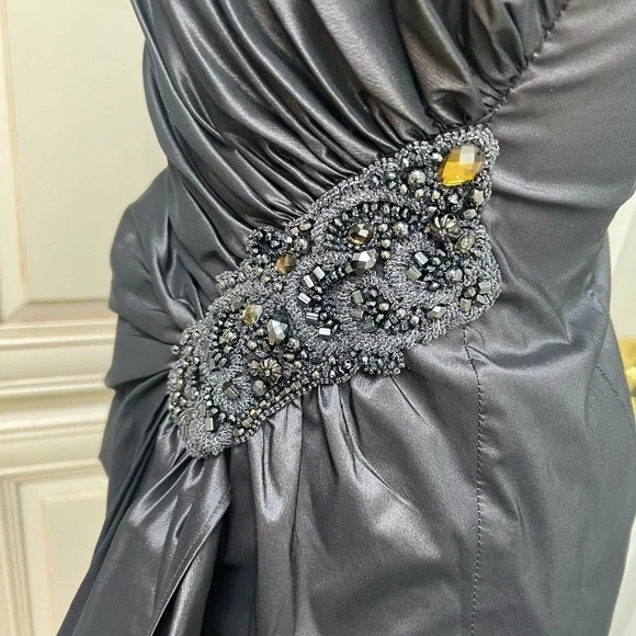 long rose gold pink prom dress with metallic accents Pleated Long Formal Metallic Prom Dress